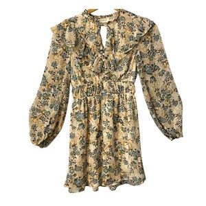 STORIA Anthropologie Floral Ruffle Neck Long Sleeve Mini Dress Women Size‎ Sm